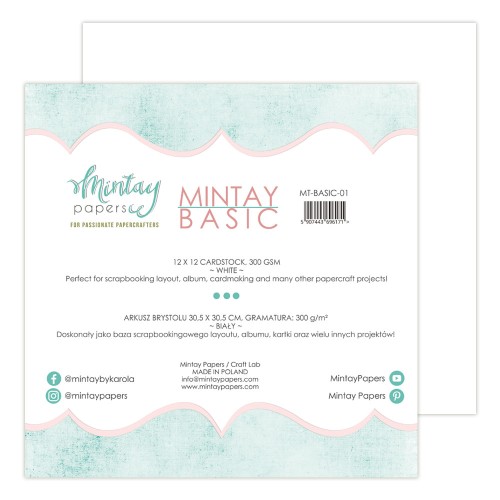 Mintay Basic - Karton 30,5 x 30,5 cm, 300 g/m² - Biały, 6 arkuszy