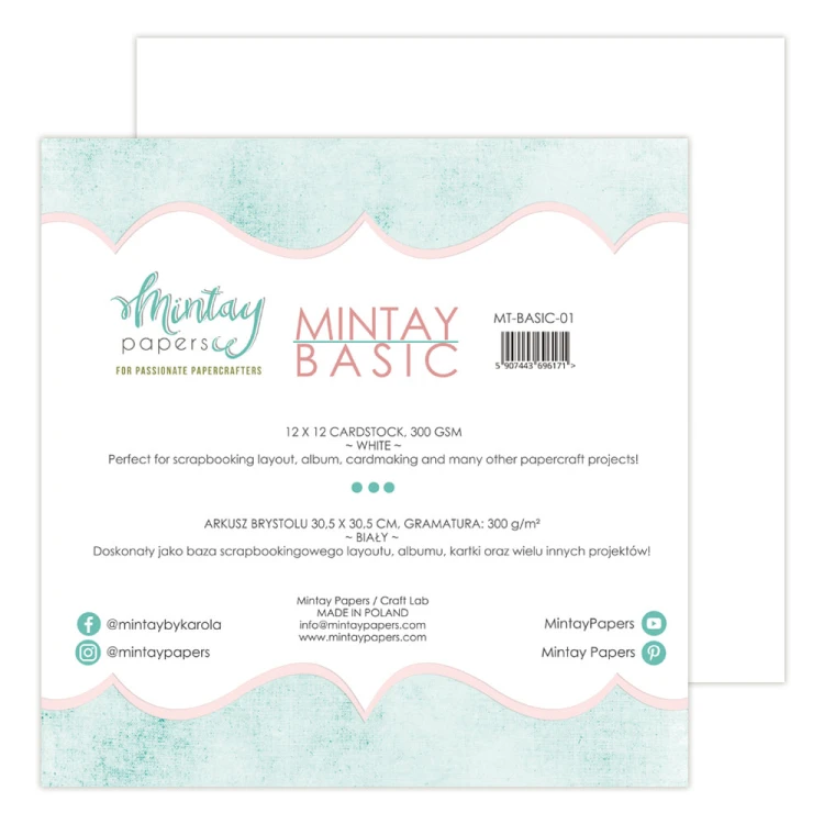 Mintay Basic - Karton 30,5 x 30,5 cm, 300 g/m² - Biały, 6 arkuszy